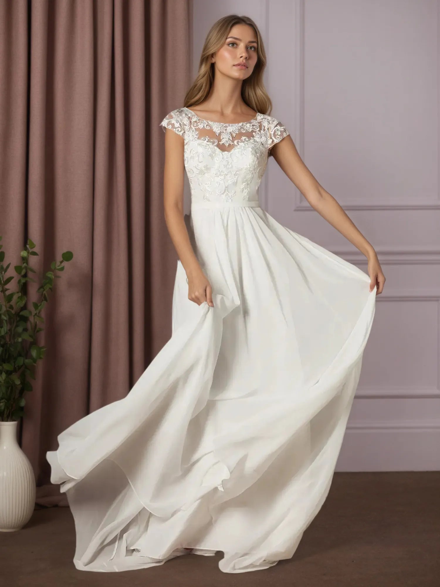 White A-Line Scoop Sequins Chiffon Wedding Dress