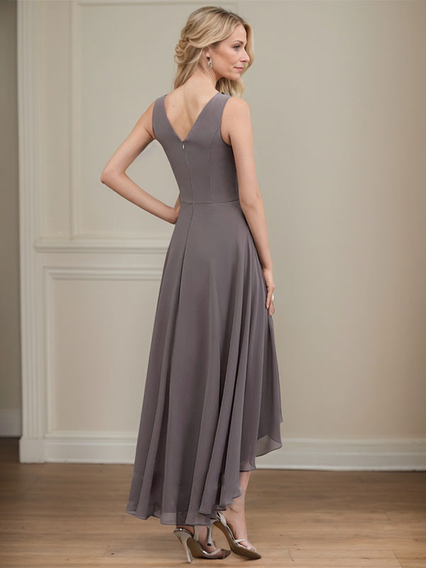 A-line V-Neck Asymmetrical Chiffon Mother of the Bride Dress With Beading Sequins