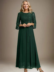 A-line Scoop Ankle-Length Lace Chiffon Mother of the Bride Dress With Bow