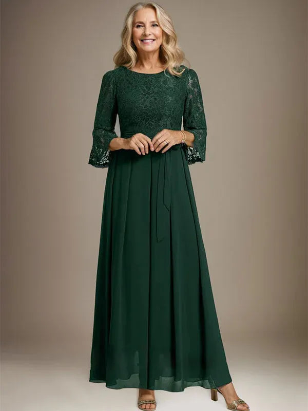 Robe de mère de la mariée trapèze en mousseline de soie et dentelle, longueur cheville, avec nœud