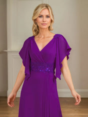 A Line V Neck Appliqued Floor Length Mother of the Bride Dress with Ruffles