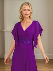 A Line V Neck Appliqued Floor Length Mother of the Bride Dress with Ruffles