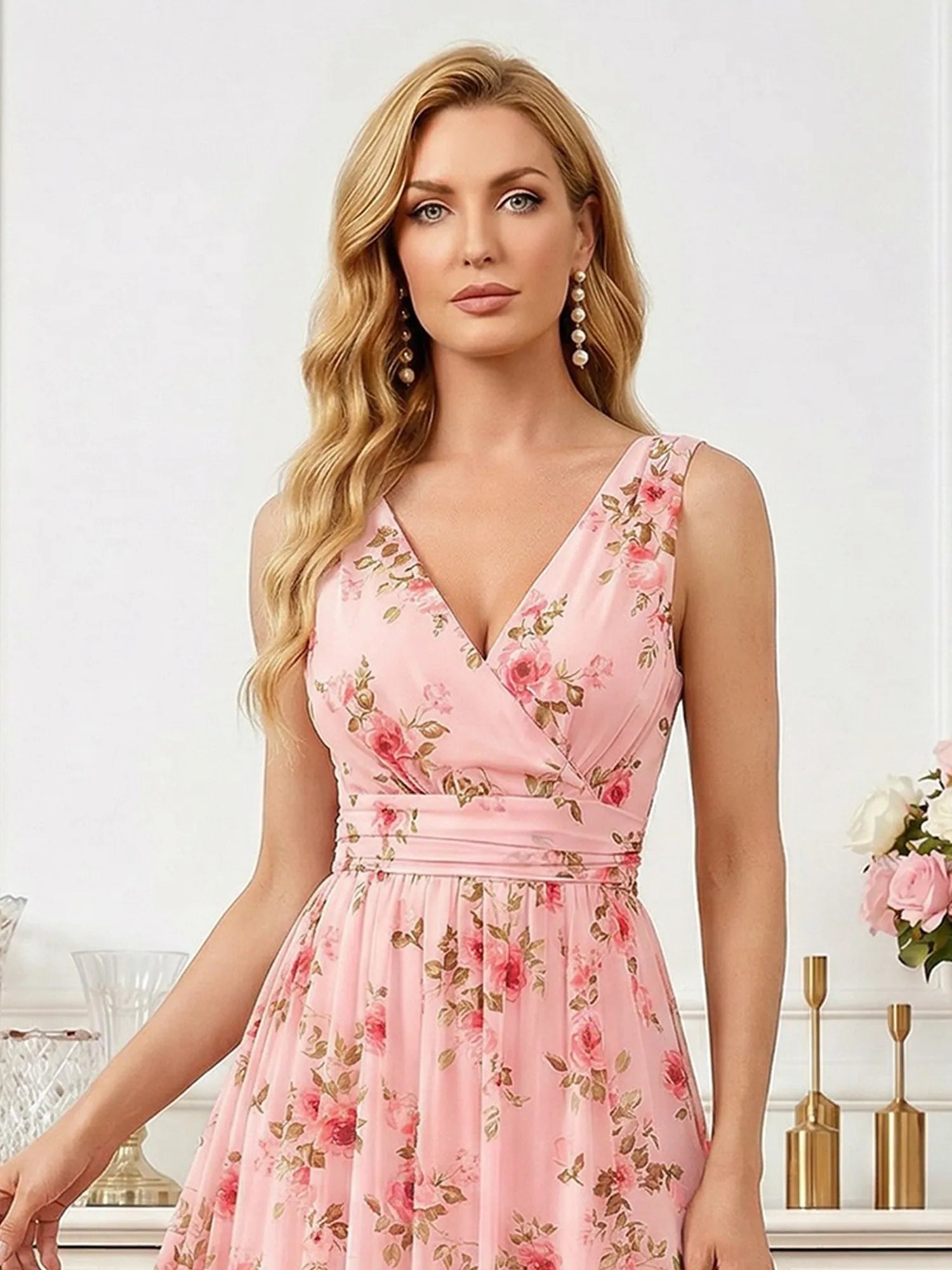 Floral Print V-Neck Sleeveless A-Line Mother of the Bride Dress with Slit