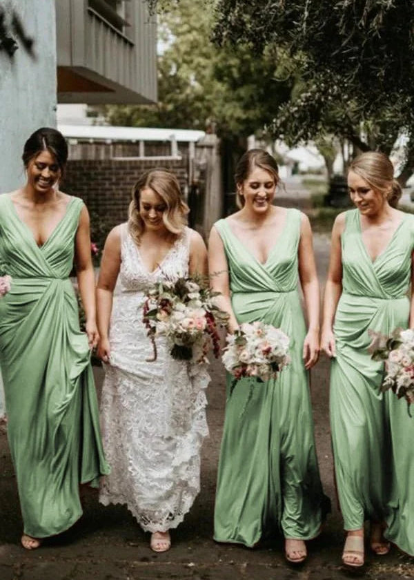 A Line Chiffon V Neck Sleeveless Floor Length Ruched Bridesmaid Dress