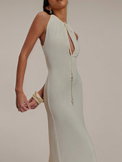 Ivory Chiffon Halter Neck Sleeveless Floor Length Pleated Bridesmaid Dress