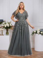 A-line V-Neck Floor-Length Tulle Lace Evening Dress With Sequins