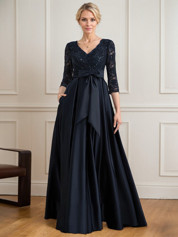 A-line V-Neck Floor-Length Satin Lace Mother of the Bride Dress With Sequins Bow