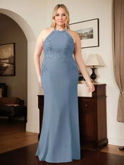 Dusty Blue Sheath Halter Long Mother of Bride Dress With Appliques