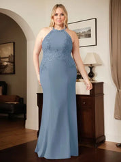 Dusty Blue Sheath Halter Long Mother of Bride Dress With Appliques