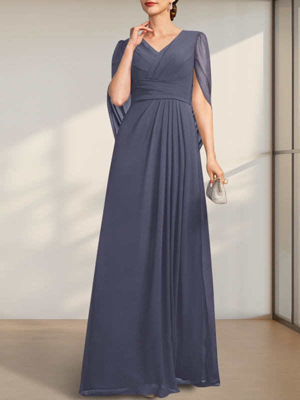 A-line V-Neck Floor-Length Chiffon Mother of the Bride Dress With Pleated