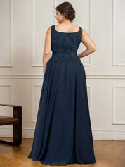 Robe de mère de la mariée trapèze carrée, longueur au sol, en mousseline de soie et dentelle, avec paillettes 