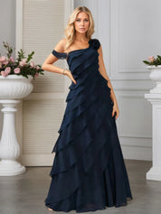 A-line One Shoulder Floor-Length Chiffon Evening Dress With Cascading Ruffles Flower