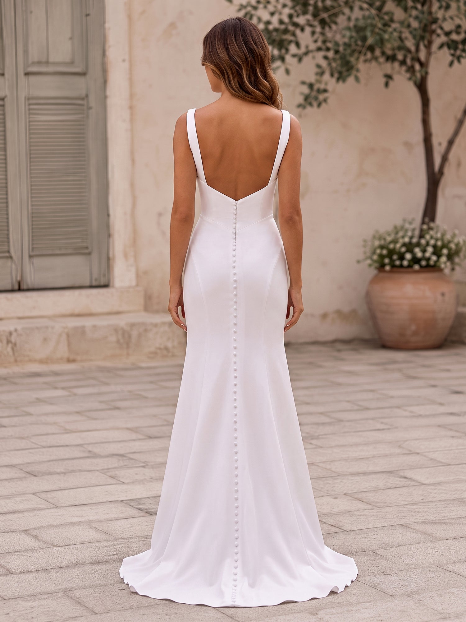 Elegant Satin Wedding Dress with Deep V-Neckline, High Front Slit