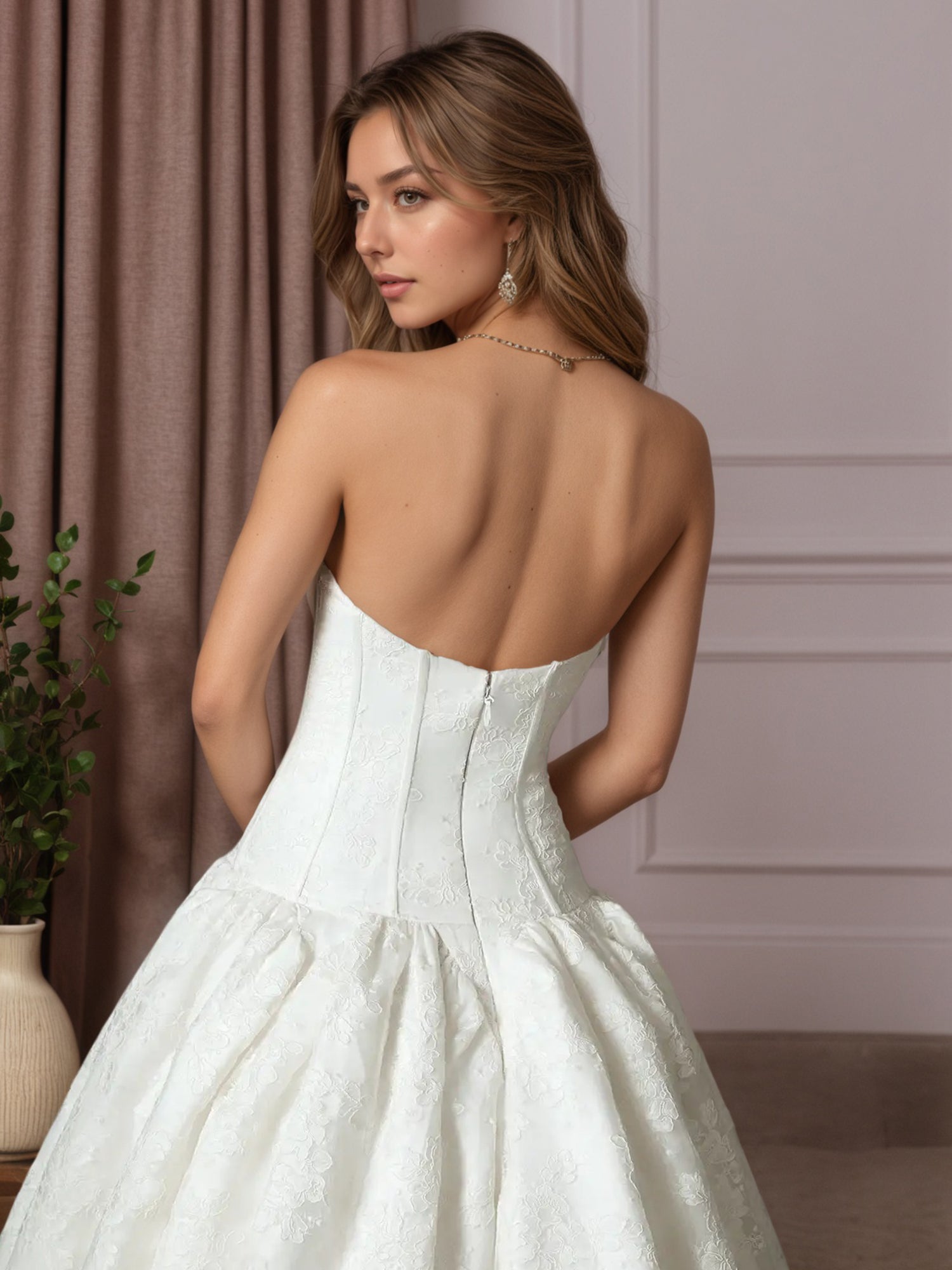 White Ball-Gown Strapless Lace Satin Wedding Dress