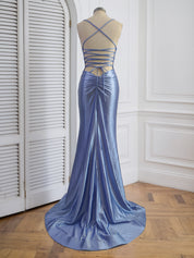 Blue Mermaid Spaghetti Straps V-Neck Rhinestone Long Prom Dress