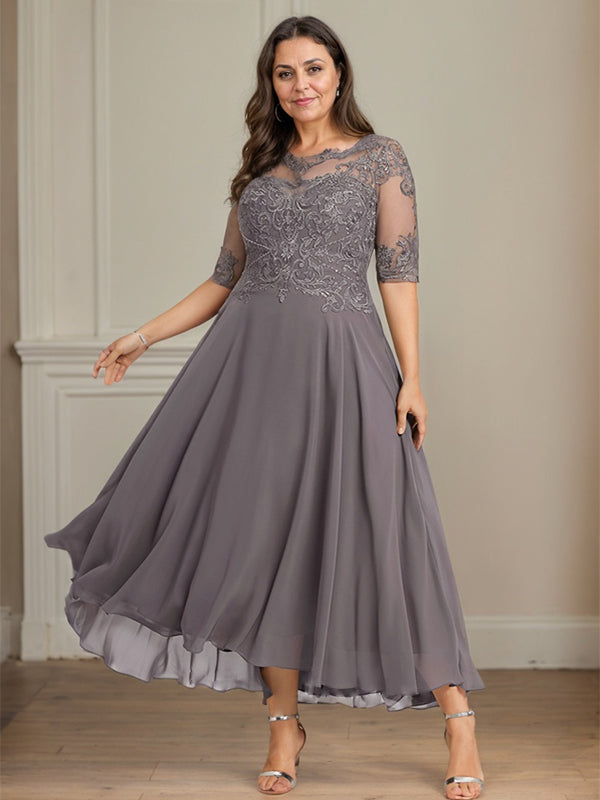 A-line Boat Neck Illusion Asymmetrical Chiffon Lace Mother of the Bride Dress With Sequins Beading