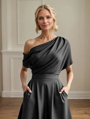 A Line Satin One Shoulder Pleated Ankle Length Mother of the Bride Dress