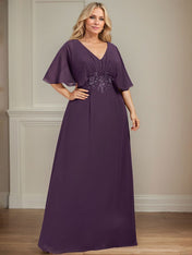 A-line V-Neck Floor-Length Chiffon Mother of the Bride Dress With Pleated Sequins Appliques Lace