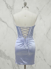 Light Blue Strapless Corset Bodice Mini Homecoming Dress with Ruched Skirt