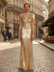 Formal Evening Gold V-Neck Sequins Maxi Dress Gown