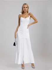 White Floral Ruched Slip Maxi Dress