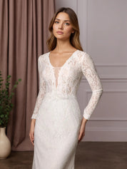 White Sheath V-Neck Tulle Wedding Dress
