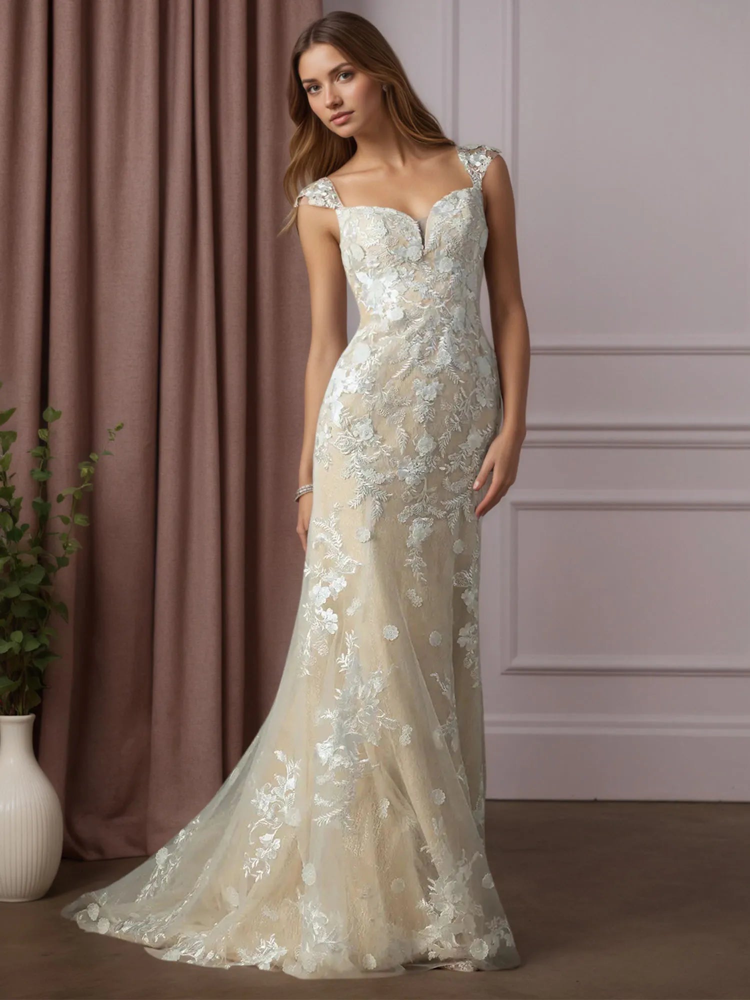 White Champagne Mermaid Sweetheart Sequins Tulle Wedding Dress