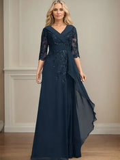 A-line Collared V-Neck Floor-Length Lace Chiffon Mother of the Bride Dress With Sequins Cascading Ruffles
