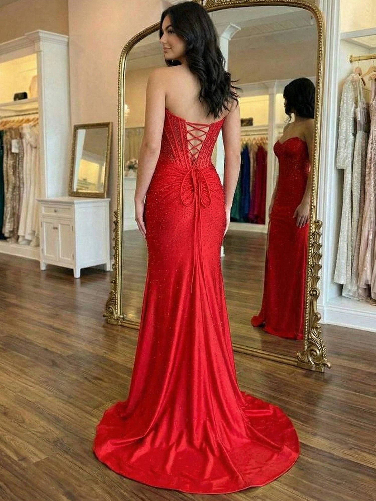 Red Mermaid Strapless Corset Beaded Prom Dress with Slit