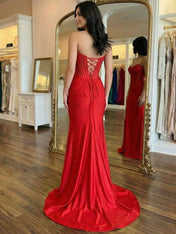 Red Mermaid Strapless Corset Beaded Prom Dress with Slit