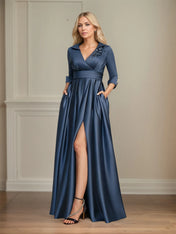 A-line V-Neck Collared Floor-Length Satin Mother of the Bride Dress With Beading 3D Floral Sequins Pleated