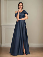 A Line Asymmetrical Floor-Length Satin Mother of the Bride Dress With Pleated