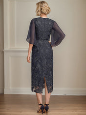 Sheath/Column Scoop Tea-Length Lace Chiffon Mother of the Bride Dress