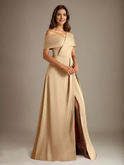 A-Line Asymmetrical Neckline Floor-Length Satin Mother of the Bride Dress With Pleated