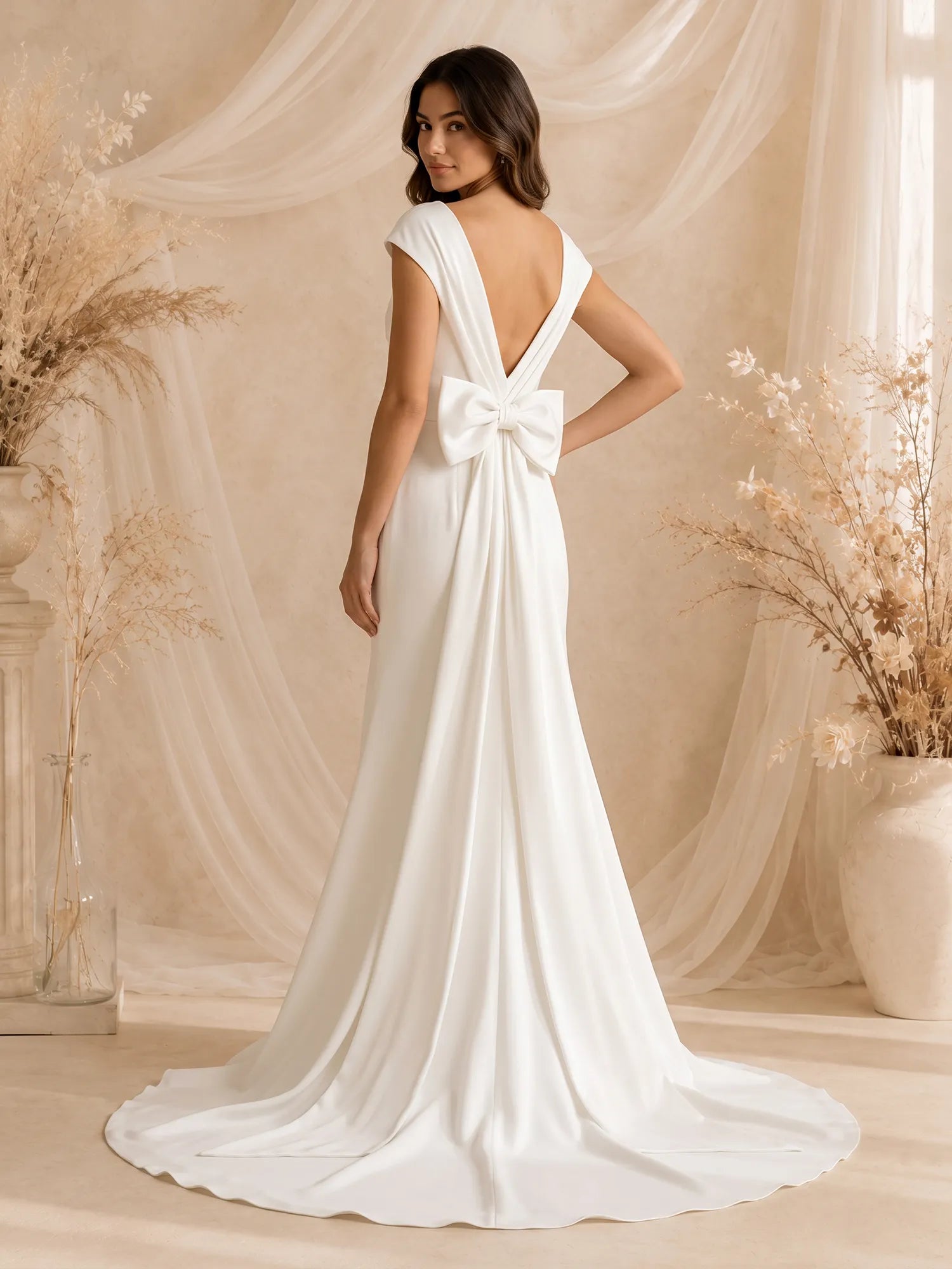 V-Neck Cap-Sleeve Satin Mermaid Wedding Dress with Sweep Train