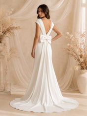 V-Neck Cap-Sleeve Satin Mermaid Wedding Dress with Sweep Train