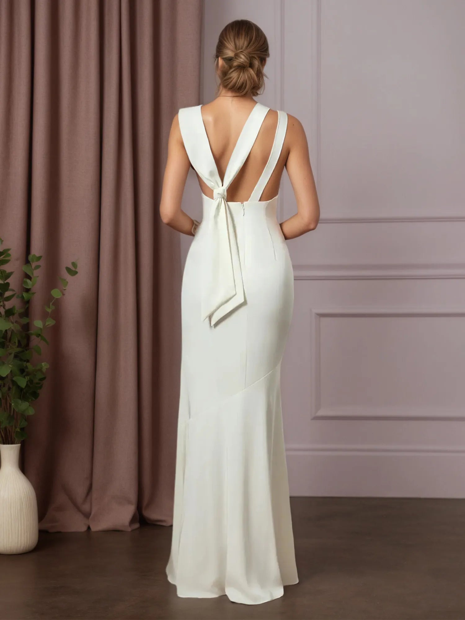 White Mermaid Boat Neckline Stretch Crepe Wedding Dress