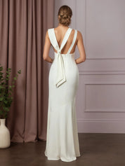 White Mermaid Boat Neckline Stretch Crepe Wedding Dress