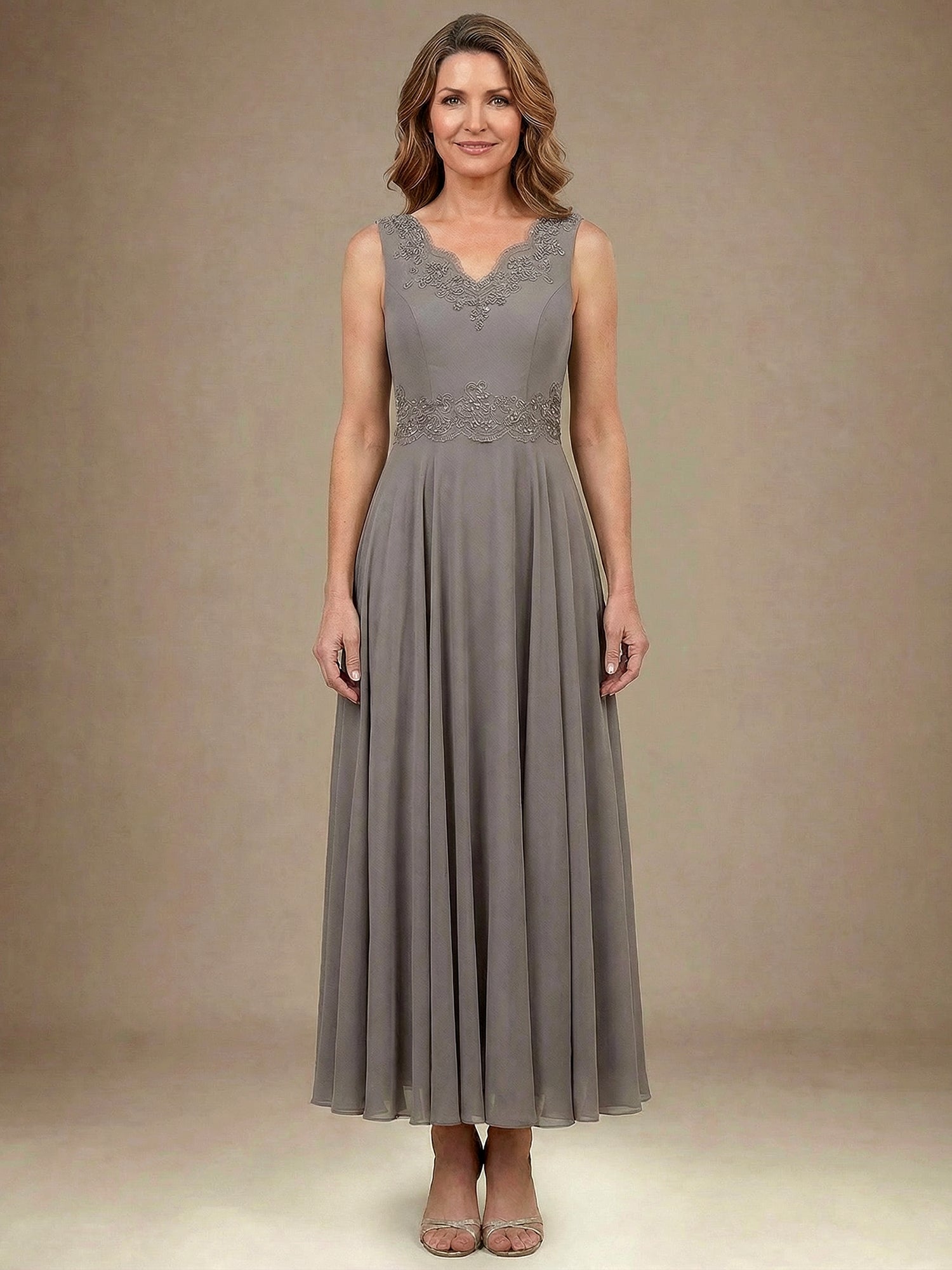 A-line V-Neck Ankle-Length Chiffon Mother of the Bride Dress With Sequins Appliques Lace Beading