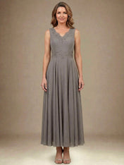 A-line V-Neck Ankle-Length Chiffon Mother of the Bride Dress With Sequins Appliques Lace Beading
