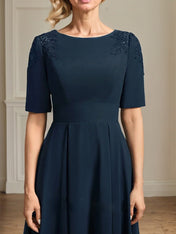A-line Scoop Tea-Length Chiffon Mother of the Bride Dress With Appliques Lace Sequins