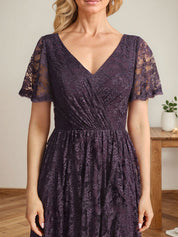 A-Line V-Neck Asymmetrical Lace Mother of the Bride Dress With Cascading Ruffles