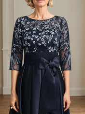 A-line Scoop Illusion Asymmetrical Satin Lace Mother of the Bride Dress With Bow