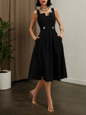 Black Buckle Notched Sleeveless A-Line Midi Dress