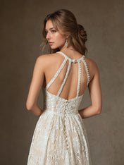 White Champagne A-Line Lace Wedding Dress