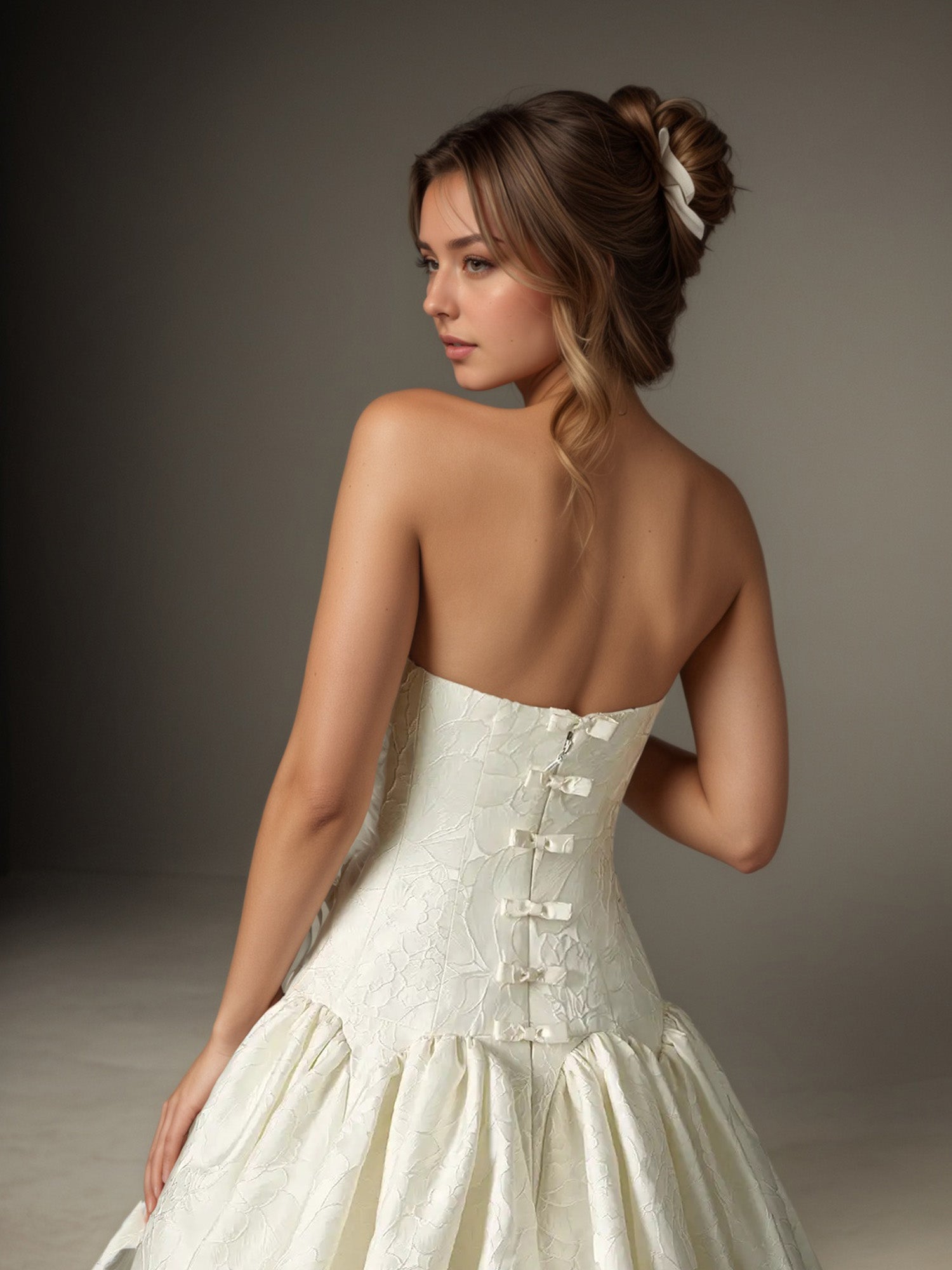 White Ball-Gown Strapless Floral Jacquard Wedding Dress
