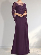 A-line Scoop Illusion Floor-Length Lace Chiffon Mother of the Bride Dress With Pleated Sequins