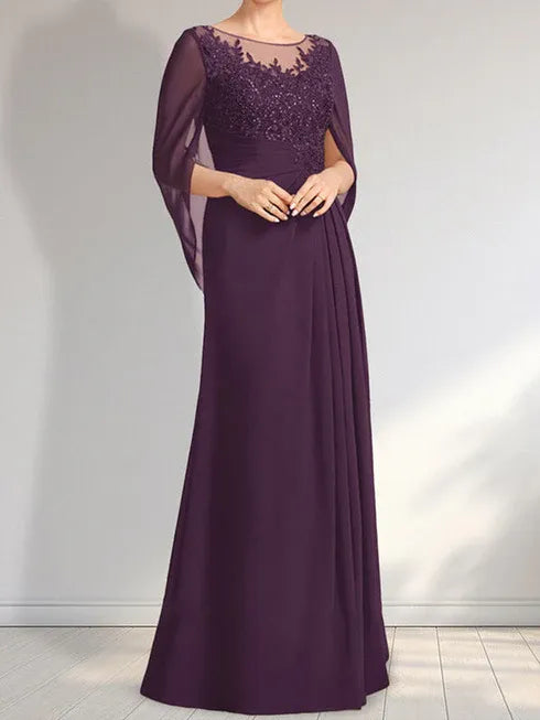 Robe de mère de la mariée trapèze en mousseline de soie et dentelle, longueur au sol, avec décolleté en V et paillettes plissées