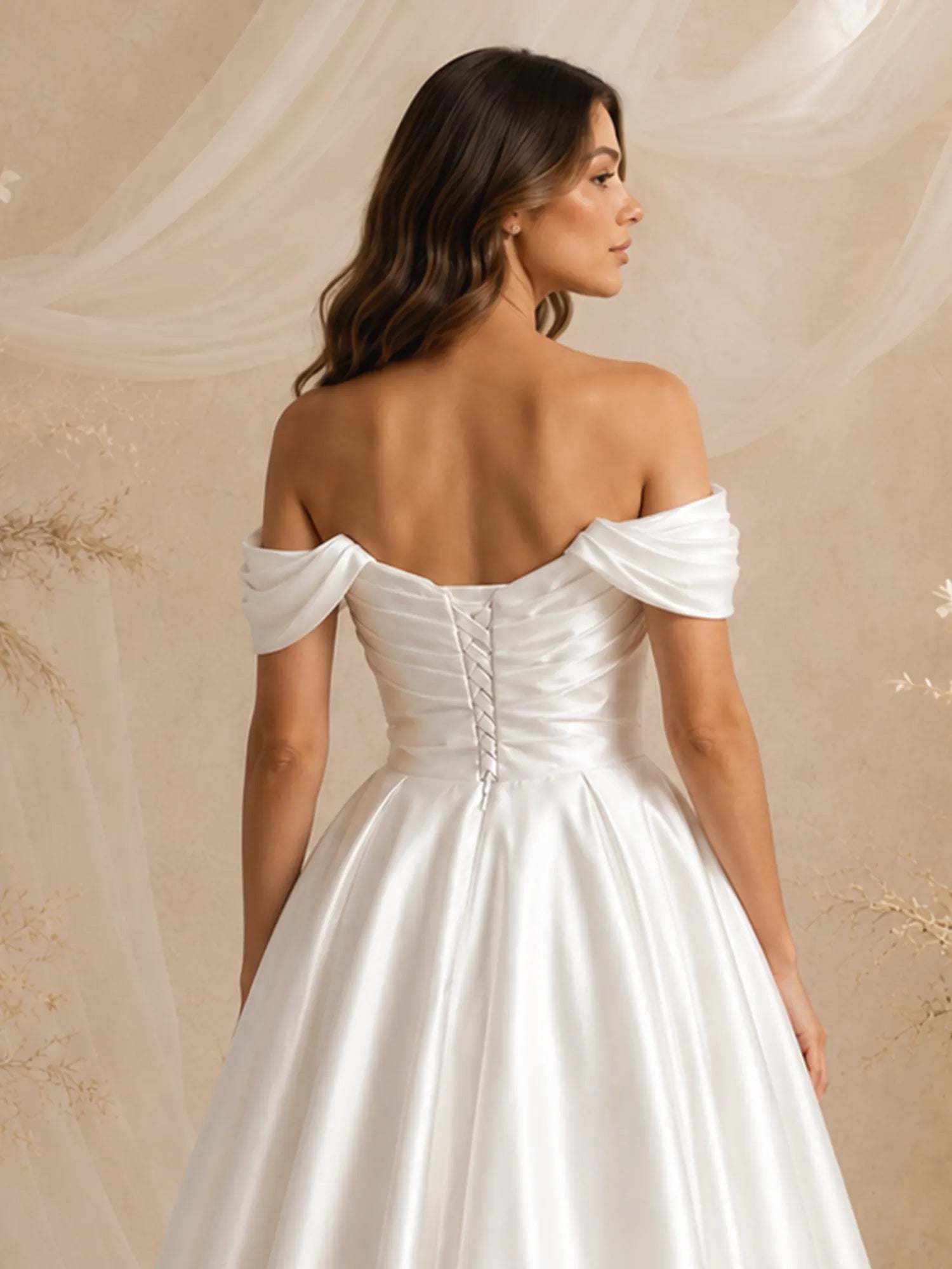 Off-The-Shoulder Pleated Satin Tea-Length Wedding Dress with Corset Back