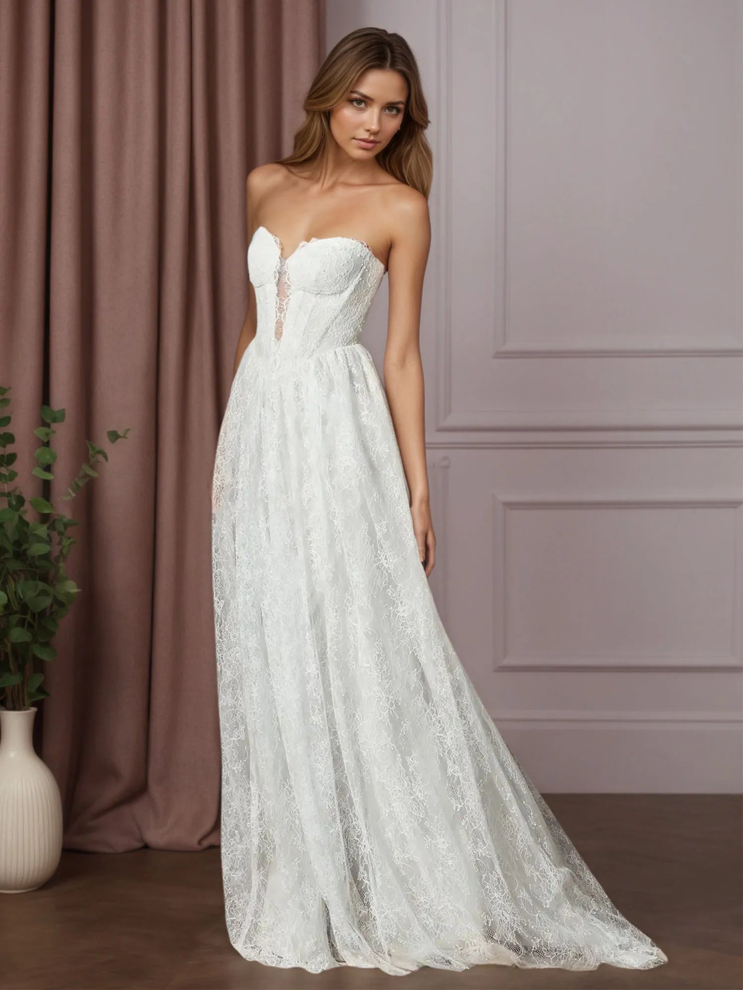 White A-Line Sweetheart Sleeveless Lace Wedding Dress